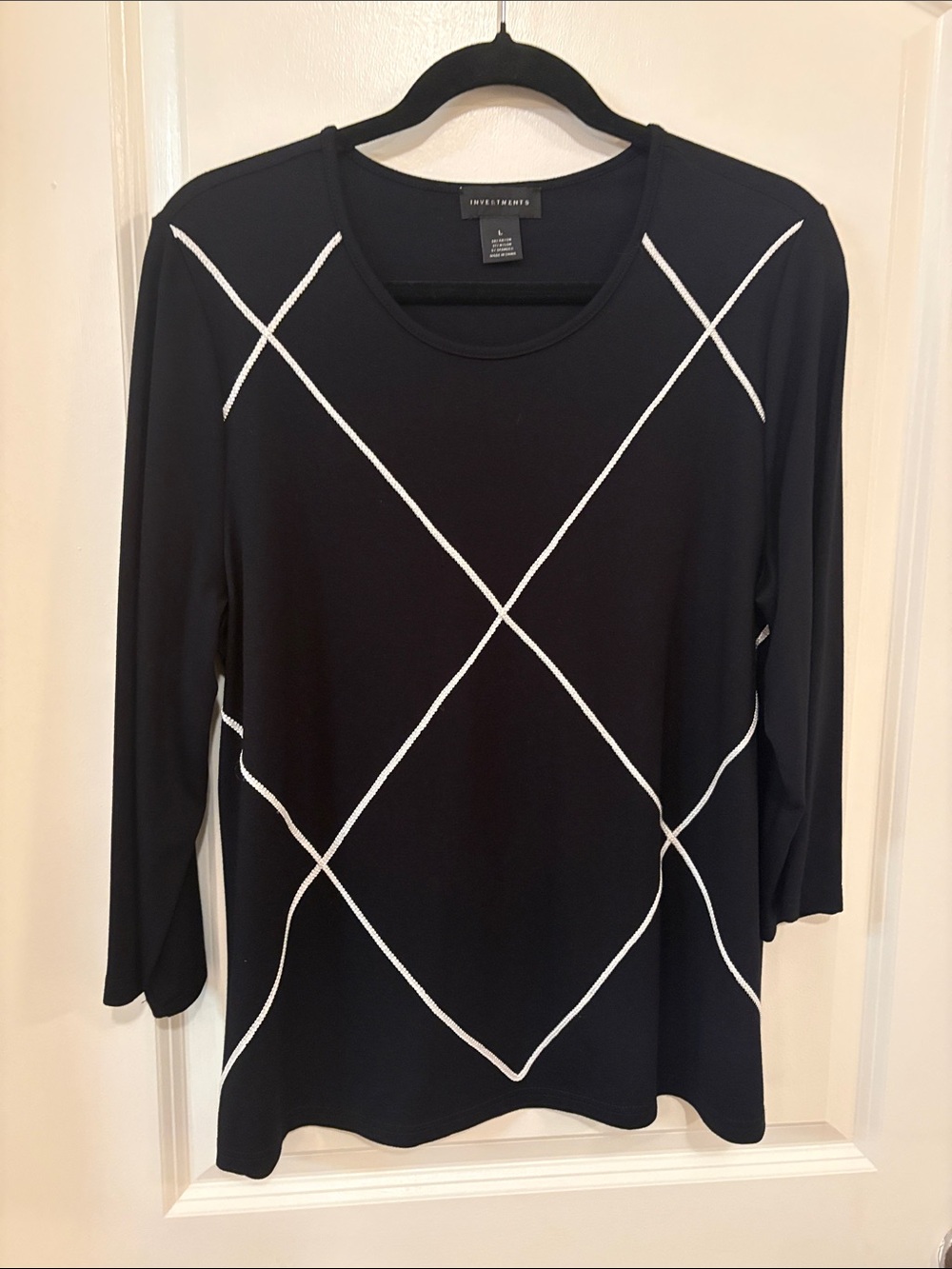 Investments Black 3/4 Sleeve Top with White Diamond Stitch
